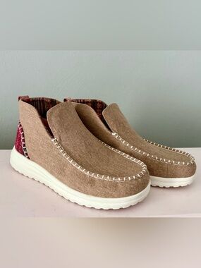 Hey Dude Tan Slip-On Loafers with Patterned Heel